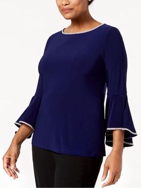 MSK WOMEN 💙NAVY BLUE💙  EMBELLISHED BELL SLEEVE ROUND NECK TOP SIZE 1X 🌟EUC🌟